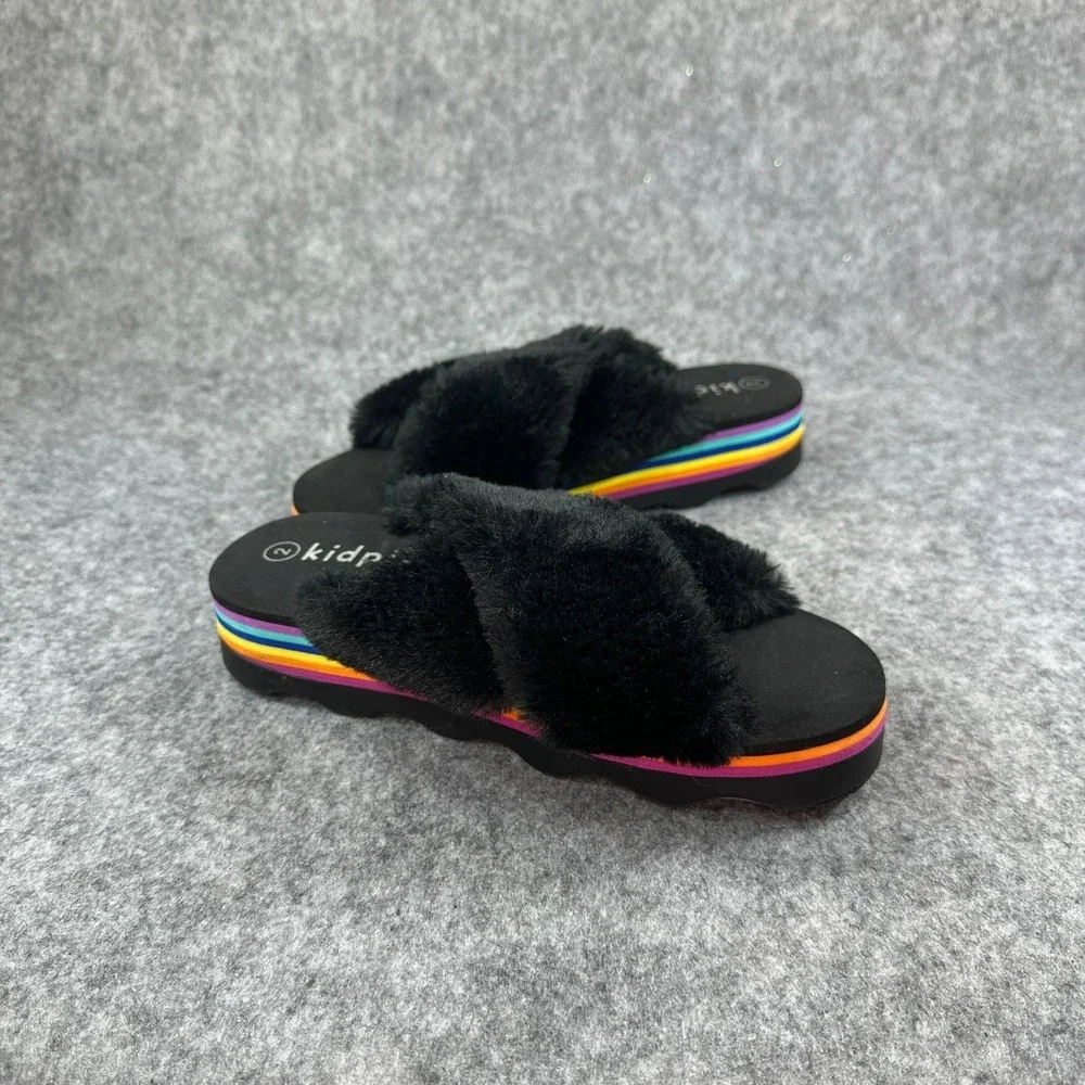 Kidpik Girls Size 2 Black Faux Fur Slide Sandals Platform Slip On Slides